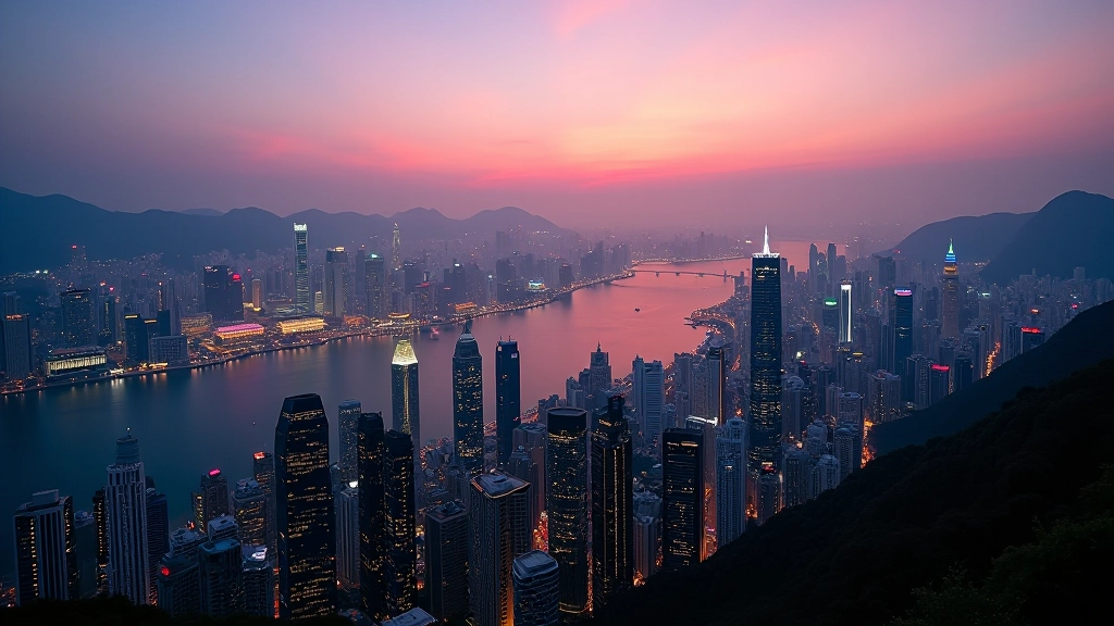 Aerial view of Hong Kong's Victoria Harbour with illuminated skyline at dusk, tall buildings reflecting in water