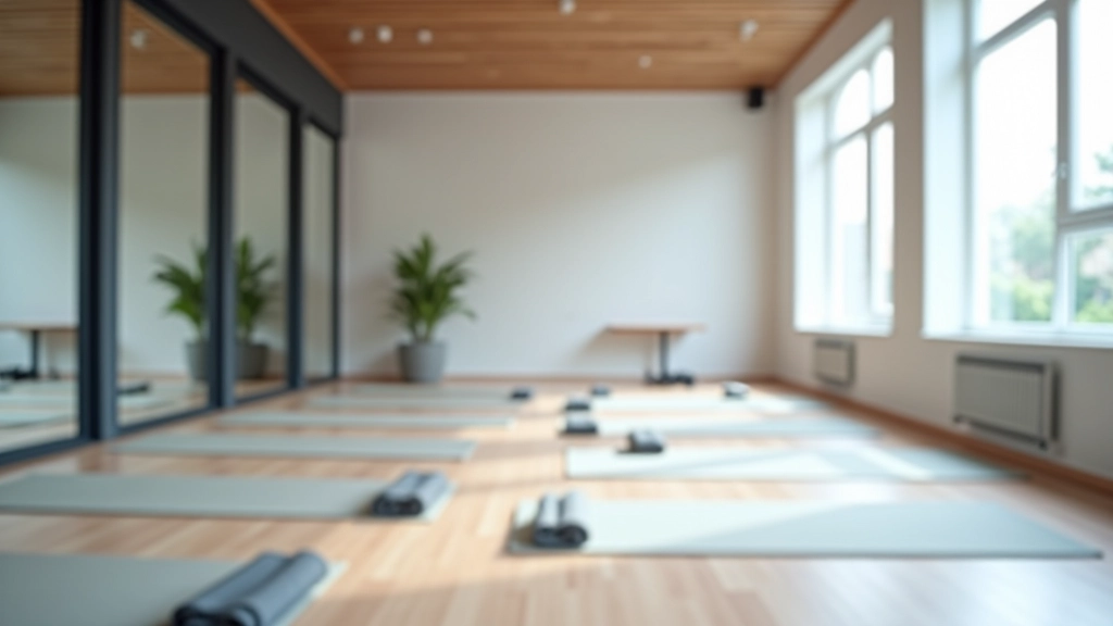 Bright fitness studio with yoga mats on wooden floor, mirrors on walls, natural light from large windows