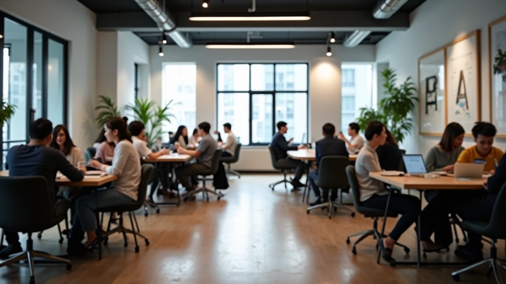 Vibrant co-working space with diverse professionals working at communal tables, bright modern design, and social interaction areas
