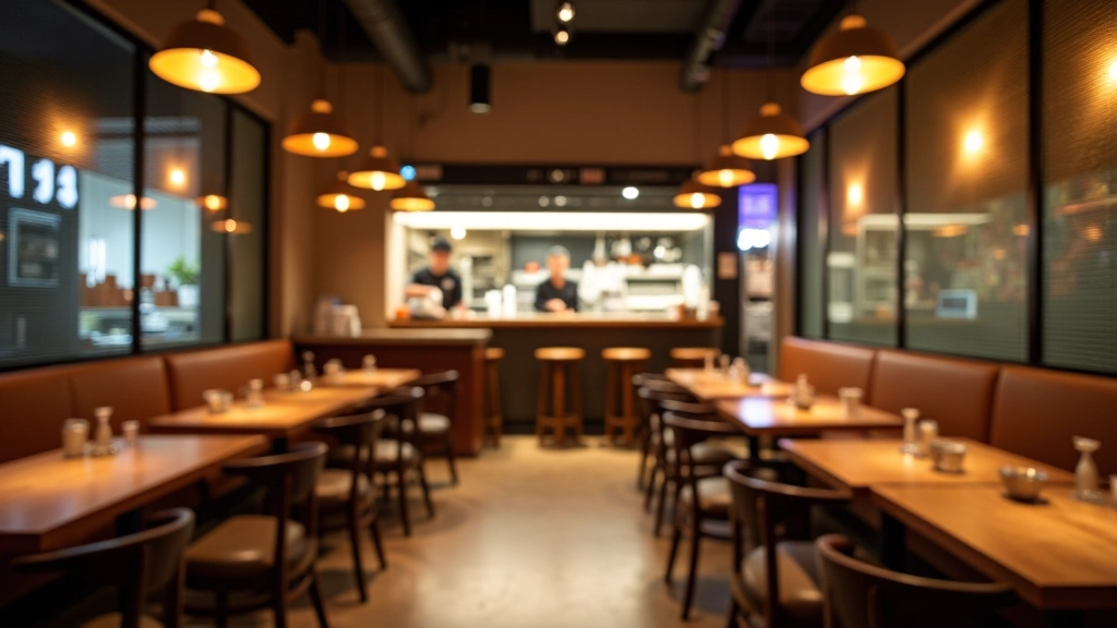 Modern restaurant interior with wooden tables, warm lighting, and open kitchen in Hong Kong's trendy dining district