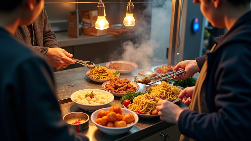 Overhead view of a dai pai dong stall with multiple dishes being prepared, steam rising, Cantonese customers eating at nearby tables, vibrant street market setting