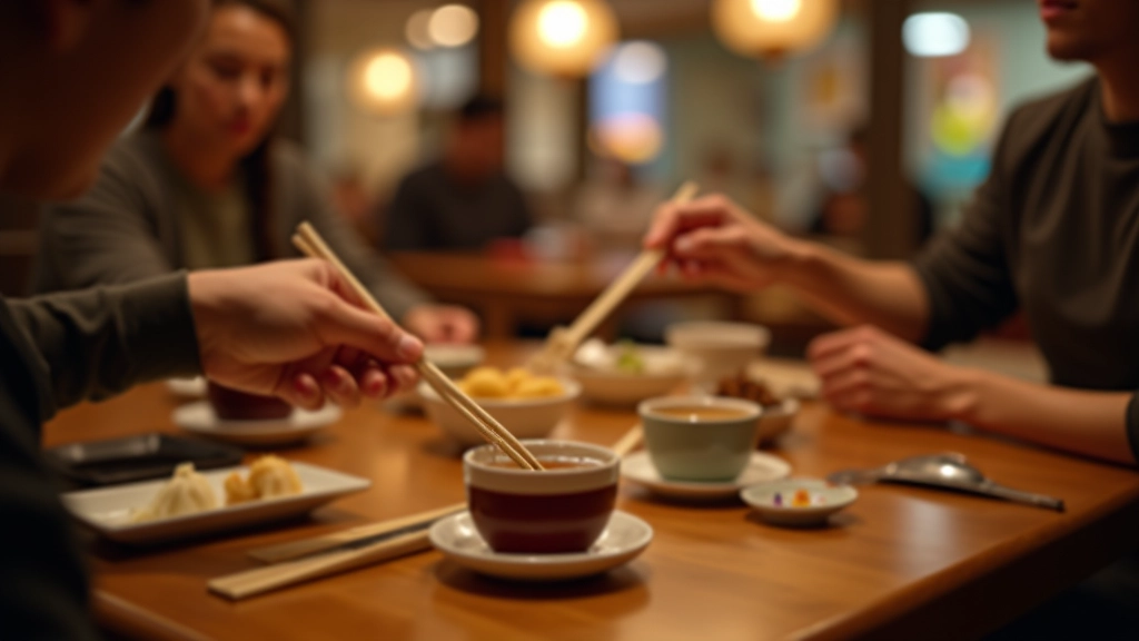 Close-up of hands using chopsticks at a dim sum table with small plates and tea cups, traditional Hong Kong dining setting with other diners visible in background