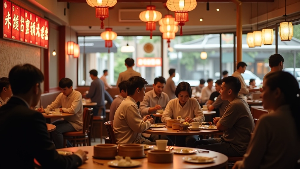 Interior of a busy dim sum restaurant in Hong Kong during morning service with diners at tables and dim sum carts moving between customers