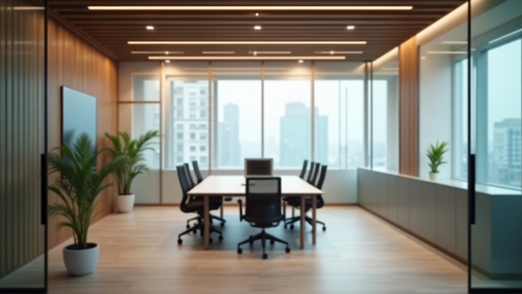 Professional serviced office with executive desk, ergonomic chair, and corporate meeting area with glass partition walls