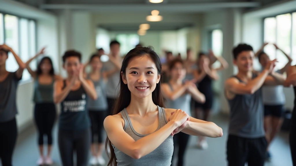 Group of diverse people exercising together in a bright, modern fitness class setting