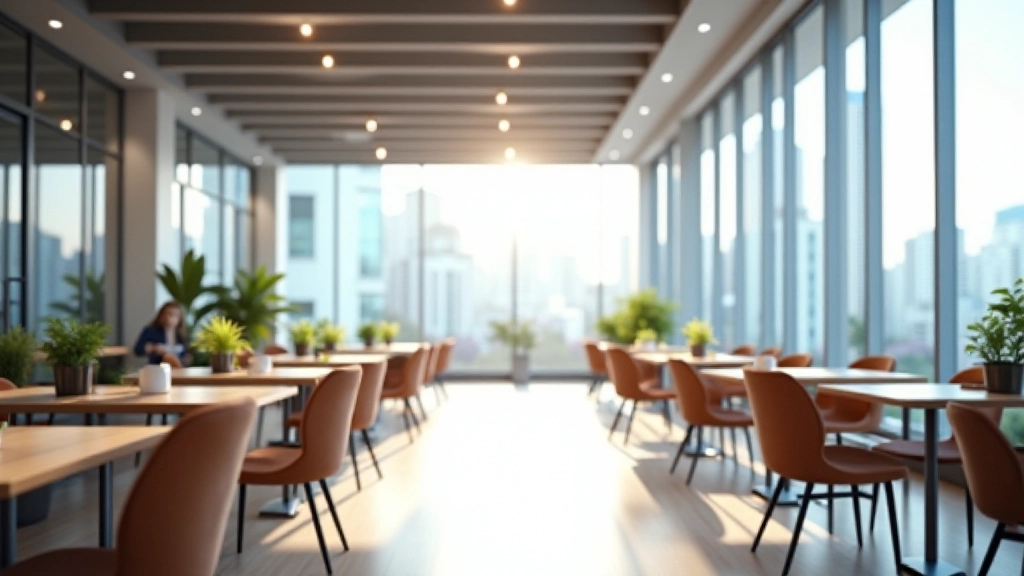 Modern open-plan office workspace with bright natural lighting, collaborative desks, and contemporary furniture design