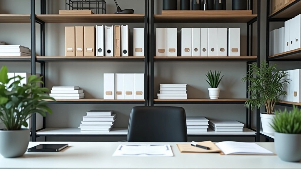 Organized office supply shelf with files, folders, and stationery neatly arranged in a professional business center