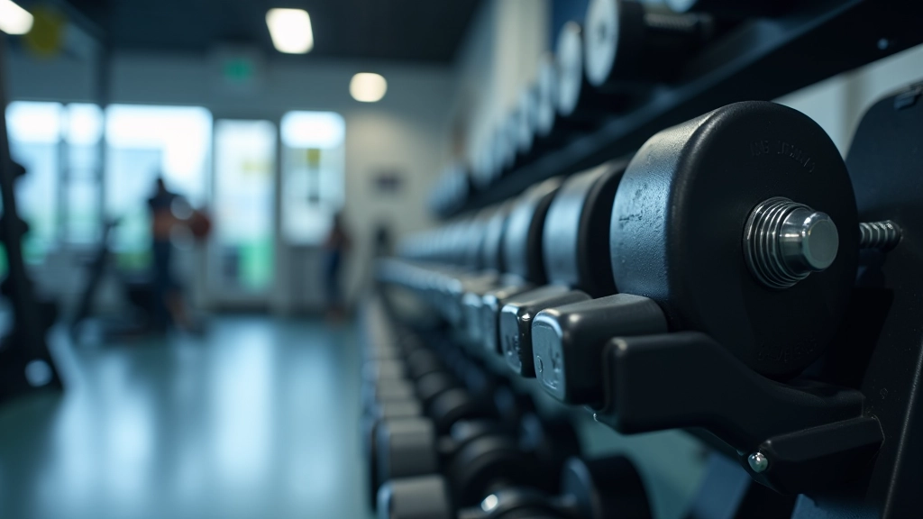Organized rows of dumbbells and weight plates on metal racks in a clean fitness facility