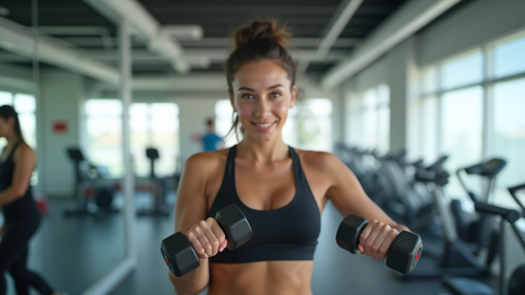 Person performing dumbbell exercises in a well-lit fitness studio with mirrored walls and proper lighting